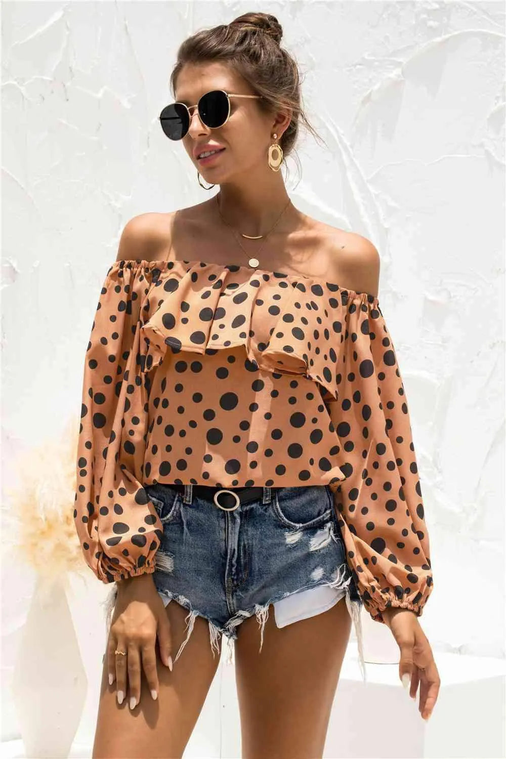 Polka Dot Off-Shoulder Layered Blouse Blouses - Tophatter Daily Deals