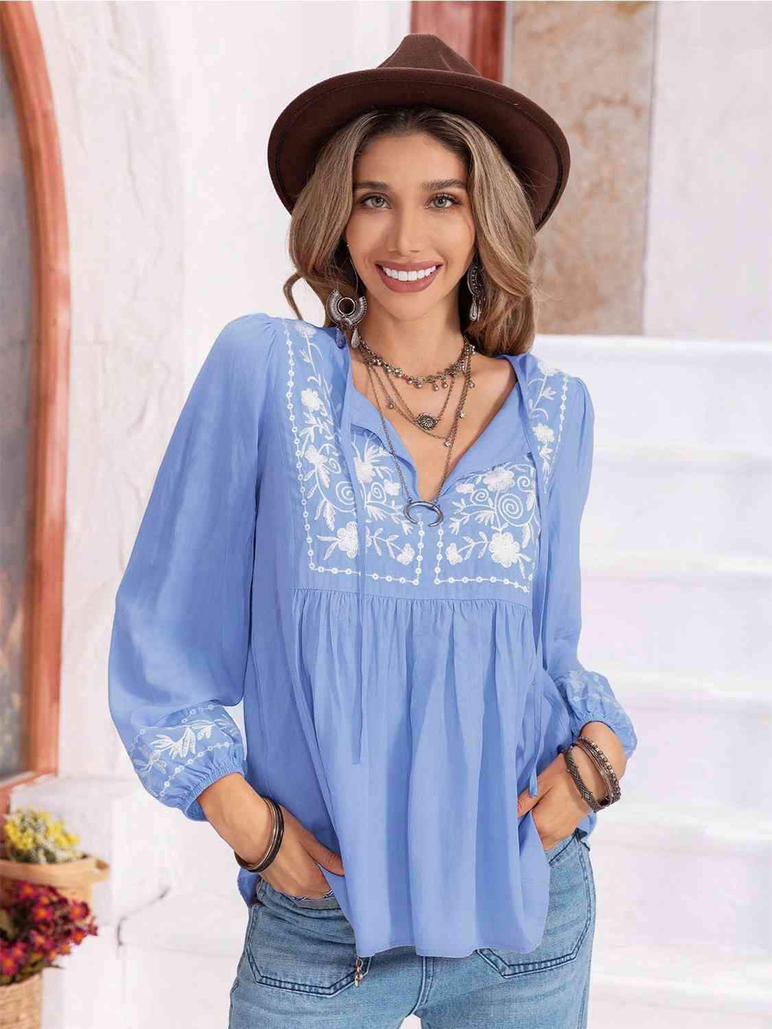 Floral Tie Neck Balloon Sleeve Blouse Misty Blue Blouses - Tophatter Daily Deals