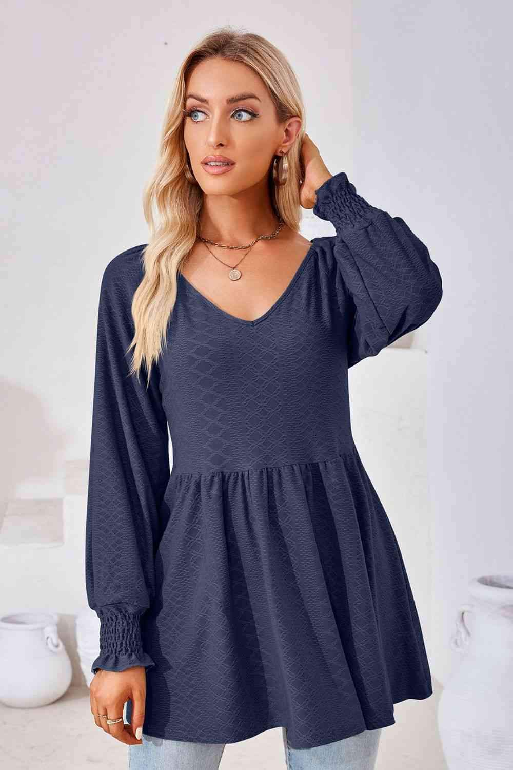 V-Neck Lantern Sleeve Blouse Blouses - Tophatter Daily Deals