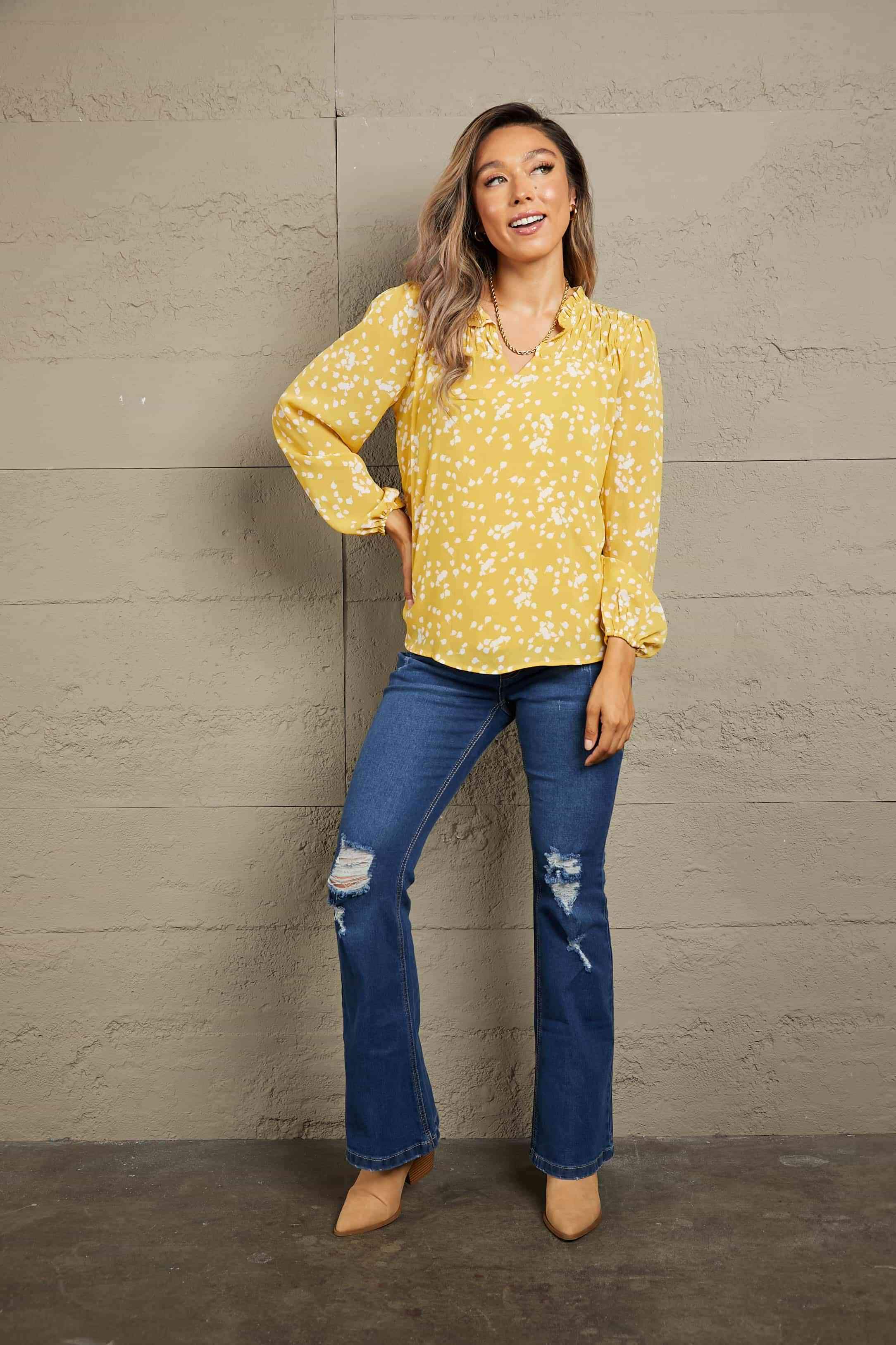 Double Take Printed Notched Neck Smocked Blouse Blouses - Tophatter Daily Deals