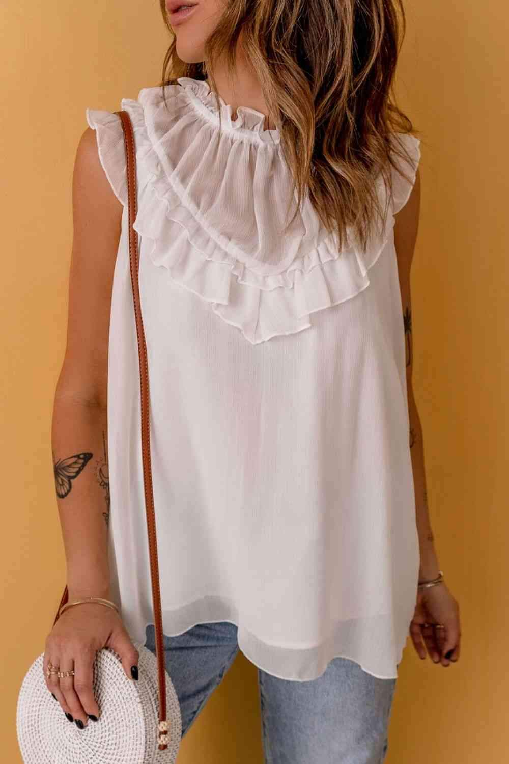 Ruffled Tulle Sleeveless Top Blouses - Tophatter Daily Deals