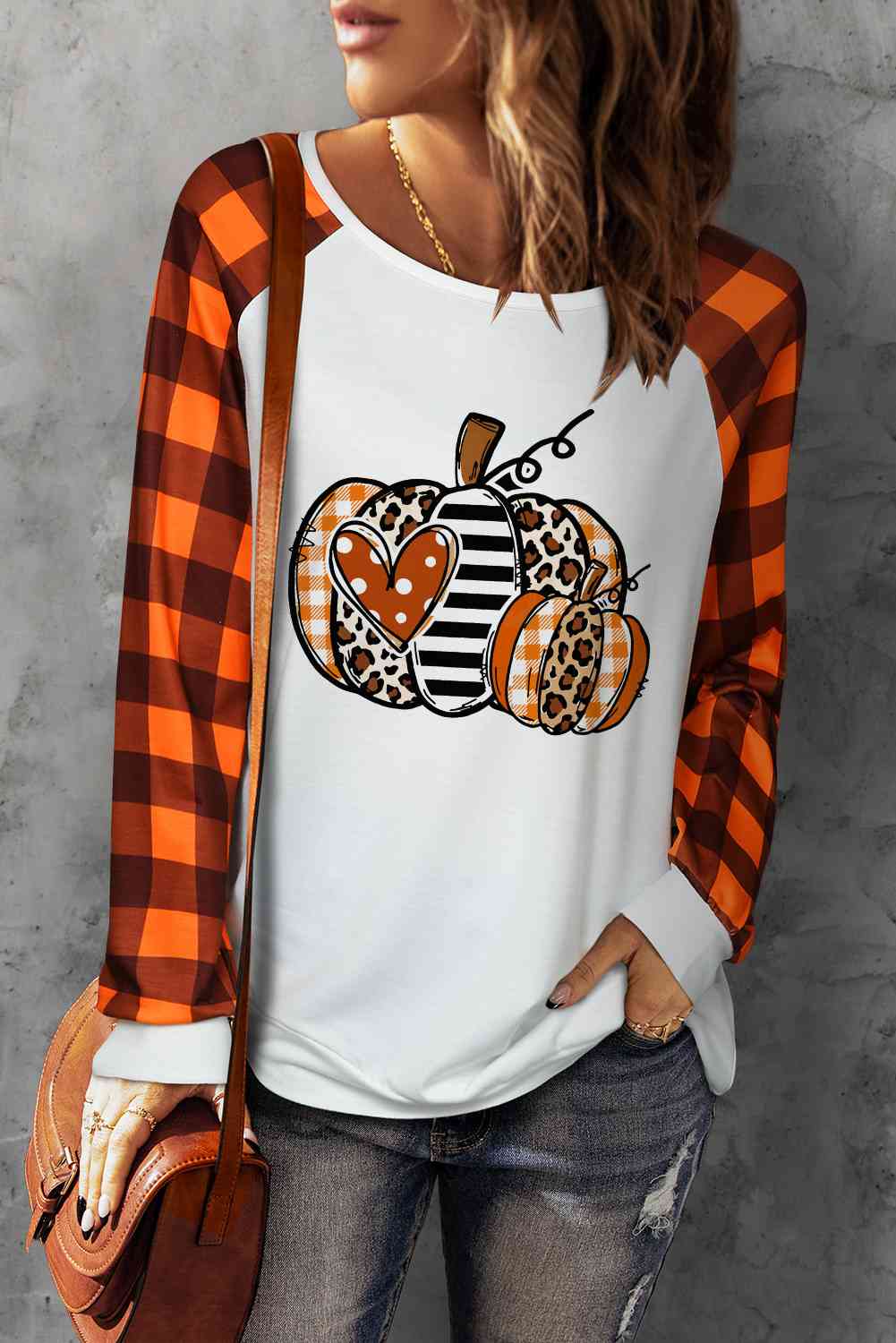 Pumpkin Graphic Round Neck Long Plaid Sleeve Tee Women's T-Shirts - Tophatter Daily Deals