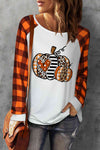 Pumpkin Graphic Round Neck Long Plaid Sleeve Tee Women's T-Shirts - Tophatter Daily Deals