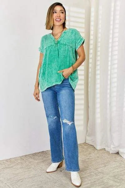 Zenana Washed Raw Hem Short Sleeve Blouse with Pockets Blouses - Tophatter Daily Deals