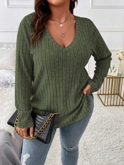 Plus Size V-Neck Long Sleeve T-Shirt Army Green Women's T-Shirts - Tophatter Daily Deals