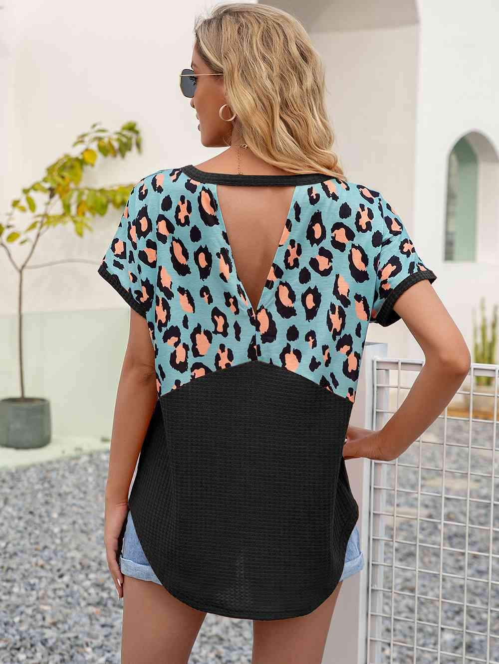 Leopard Waffle-Knit Short Sleeve Top Women's T-Shirts - Tophatter Daily Deals