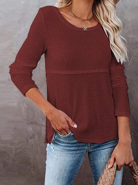 Cutout Round Neck Long Sleeve T-Shirt Wine Women's T-Shirts - Tophatter Daily Deals