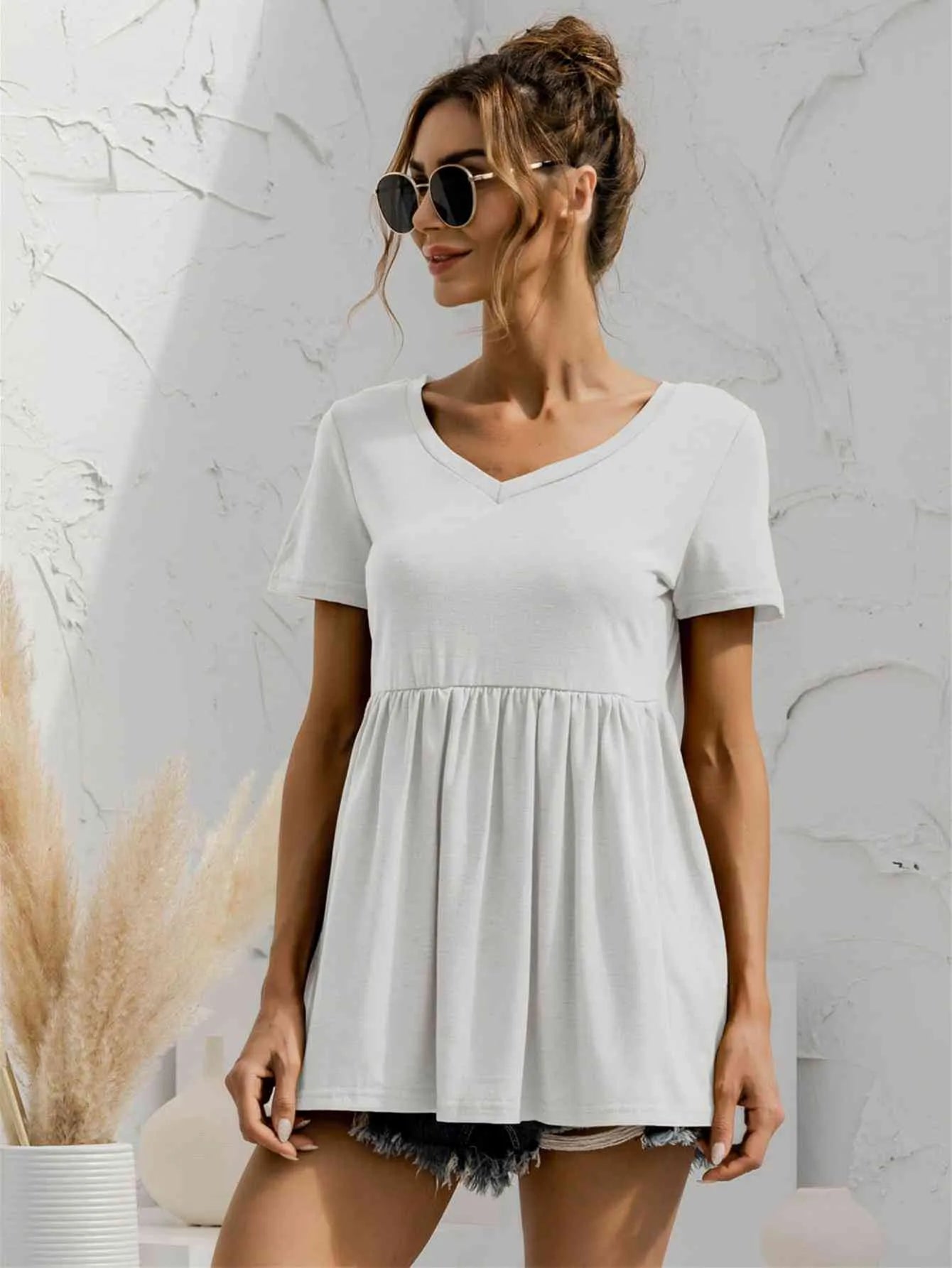 V-Neck Short Sleeve Babydoll Top White Blouses - Tophatter Daily Deals