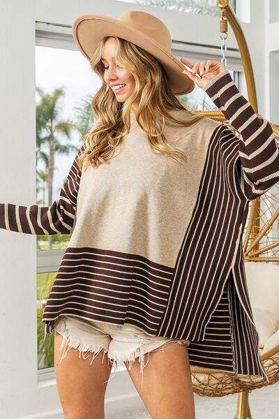 BiBi Striped Contrast Long Sleeve Slit Top OATMEAL MOCHA Blouses - Tophatter Daily Deals