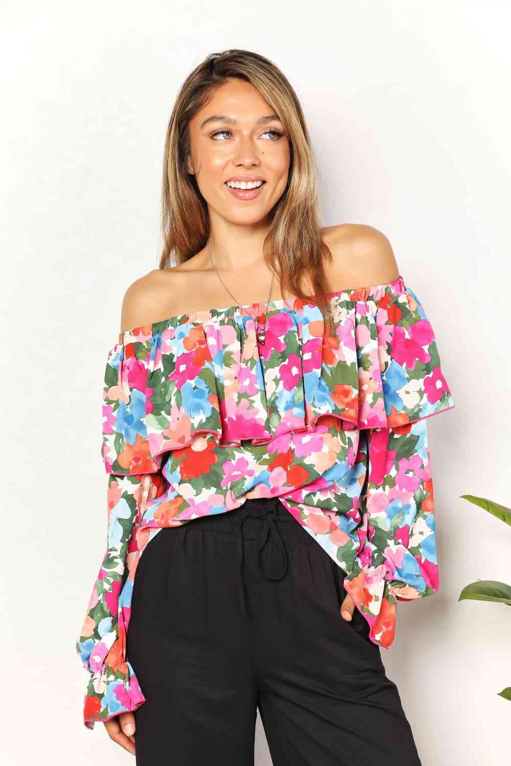 Double Take Floral Off-Shoulder Flounce Sleeve Layered Blouse - Tophatter Deals