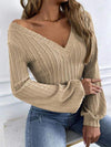 Ribbed V-Neck Lantern Sleeve Top Blouses - Tophatter Daily Deals