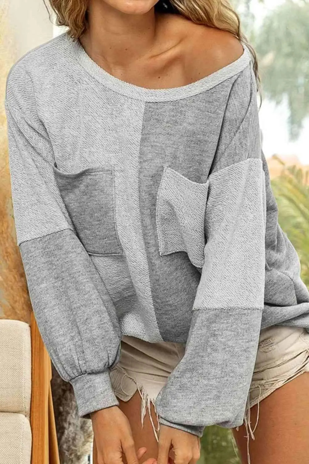 Color Block Boat Neck Blouses with Pockets Blouses - Tophatter Daily Deals