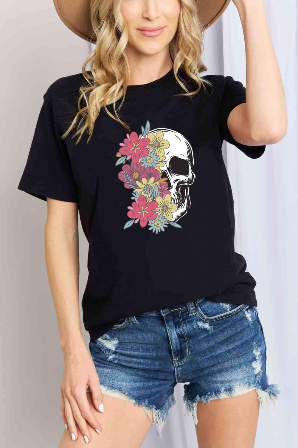 Simply Love Full Size Skull Graphic Cotton T-Shirt Black Women's T-Shirts - Tophatter Daily Deals