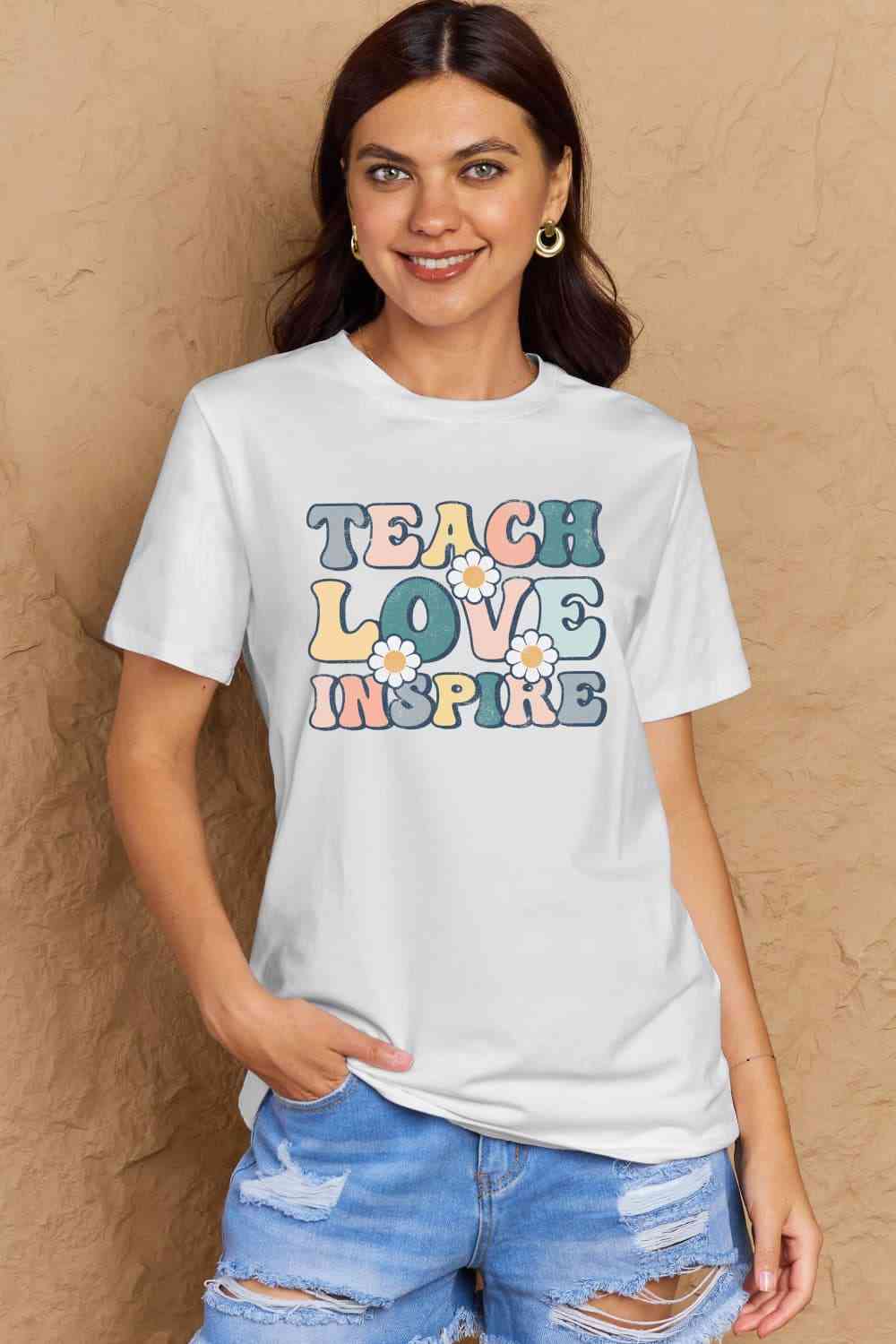 Simply Love Full Size TEACH LOVE INSPIRE Graphic Cotton T-Shirt Bleach Women's T-Shirts - Tophatter Daily Deals