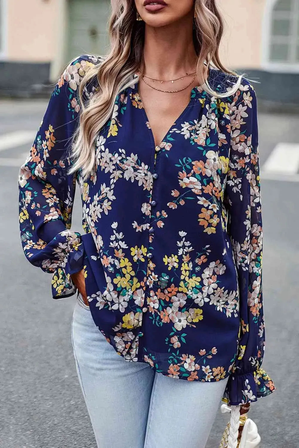 Floral Print Flounce Sleeve Blouse Navy Blouses - Tophatter Daily Deals