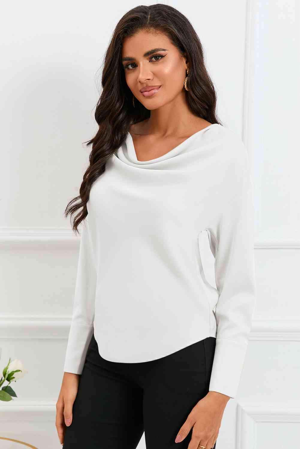 Cowl Neck Dropped Shoulder Long Sleeve Back Tie Blouse Blouses - Tophatter Daily Deals