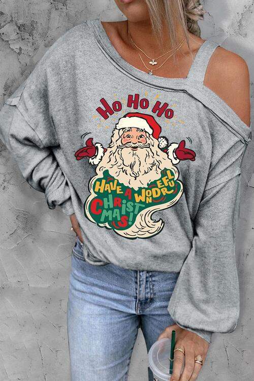 Santa Claus Graphic Asymmetrical Neck Long Sleeve Top Charcoal Women's T-Shirts - Tophatter Daily Deals