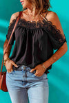 Spaghetti Strap Cold-Shoulder Lace Trim Blouse Black Blouses - Tophatter Daily Deals