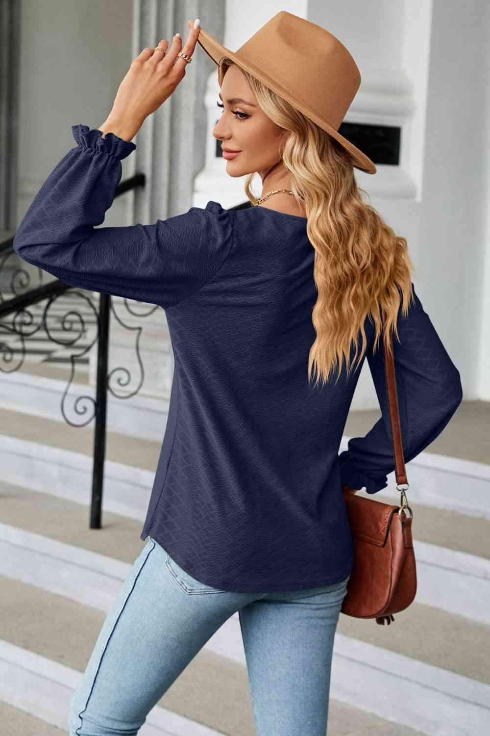 Round Neck Flounce Sleeve Blouse Blouses - Tophatter Daily Deals