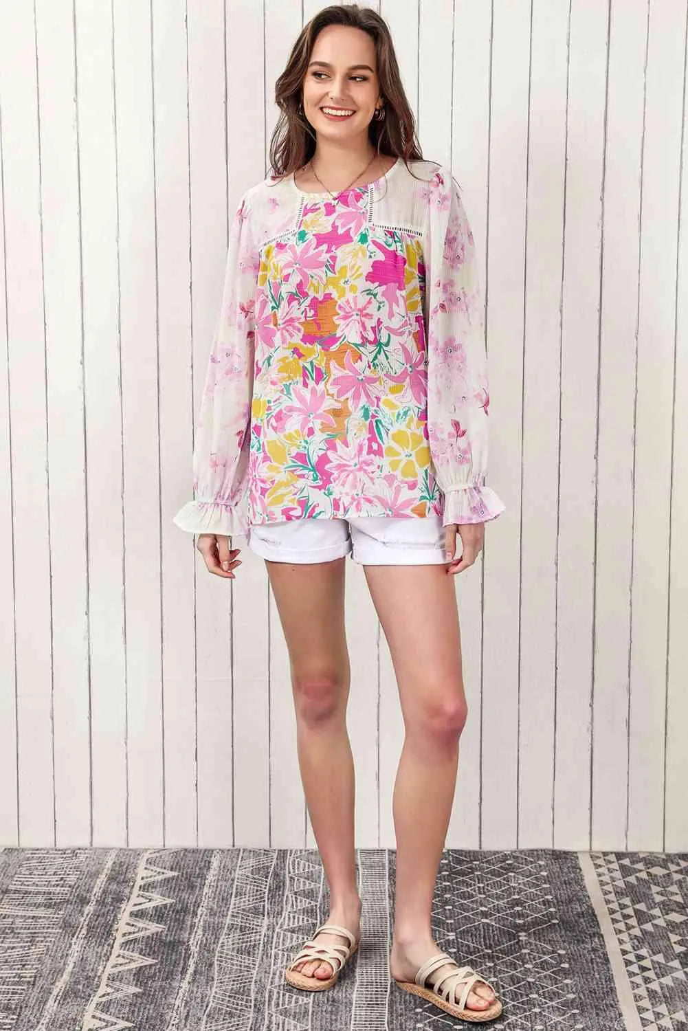 Double Take Floral Round Neck Flounce Sleeve Blouse Blouses - Tophatter Daily Deals