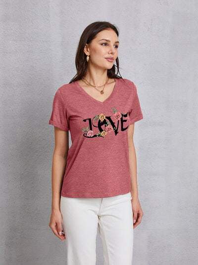 LOVE V-Neck Short Sleeve T-Shirt Light Mauve Women's T-Shirts - Tophatter Daily Deals