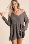 BiBi Waffle Knit V-Neck Babydoll Blouse MOCHA Blouses - Tophatter Daily Deals