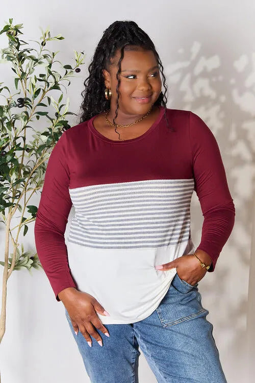 e.Luna Full Size Striped Contrast Long Sleeve Blouse Burgundy Blouses - Tophatter Daily Deals