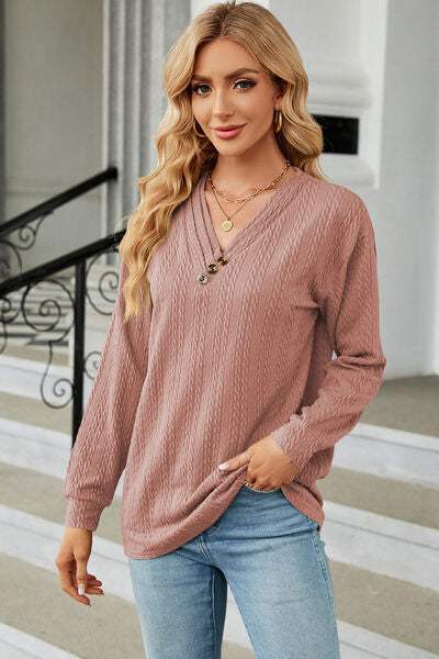 Decorative Button V-Neck Long Sleeve T-Shirt Light Mauve Women's T-Shirts - Tophatter Daily Deals