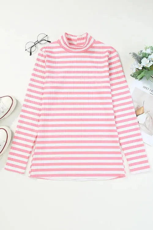 Double Take Striped Mock Neck Long Sleeve Top Blouses - Tophatter Daily Deals