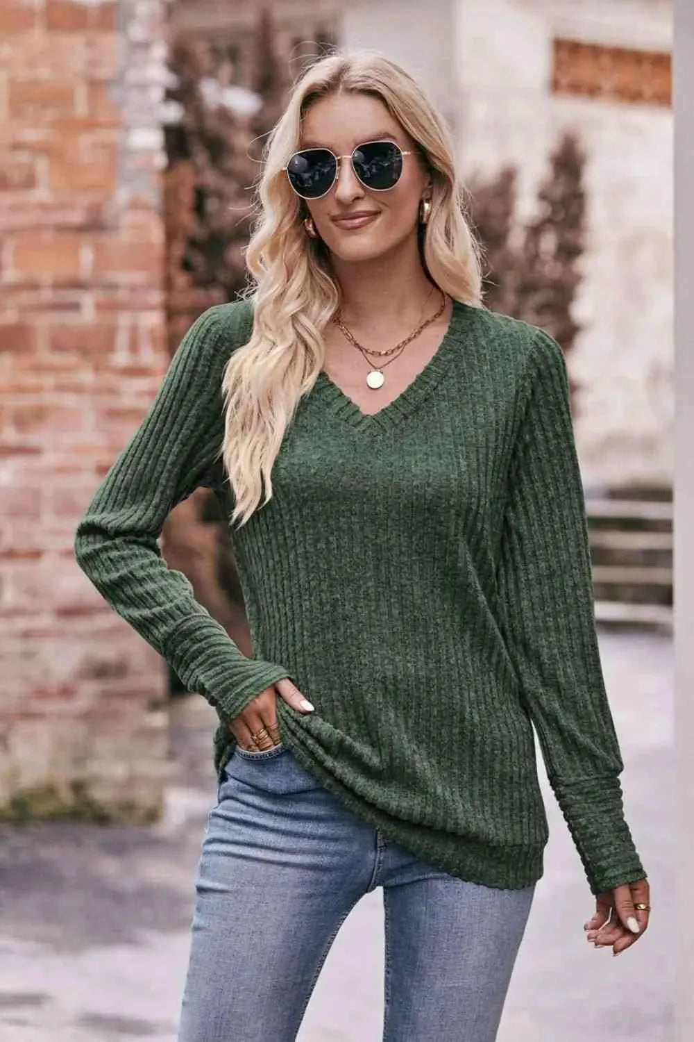 Double Take V-Neck Long Sleeve Ribbed Top Blouses - Tophatter Daily Deals