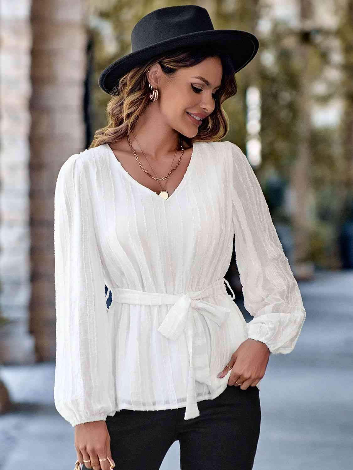 V-Neck Tie Waist Long Sleeve Blouse Blouses - Tophatter Daily Deals