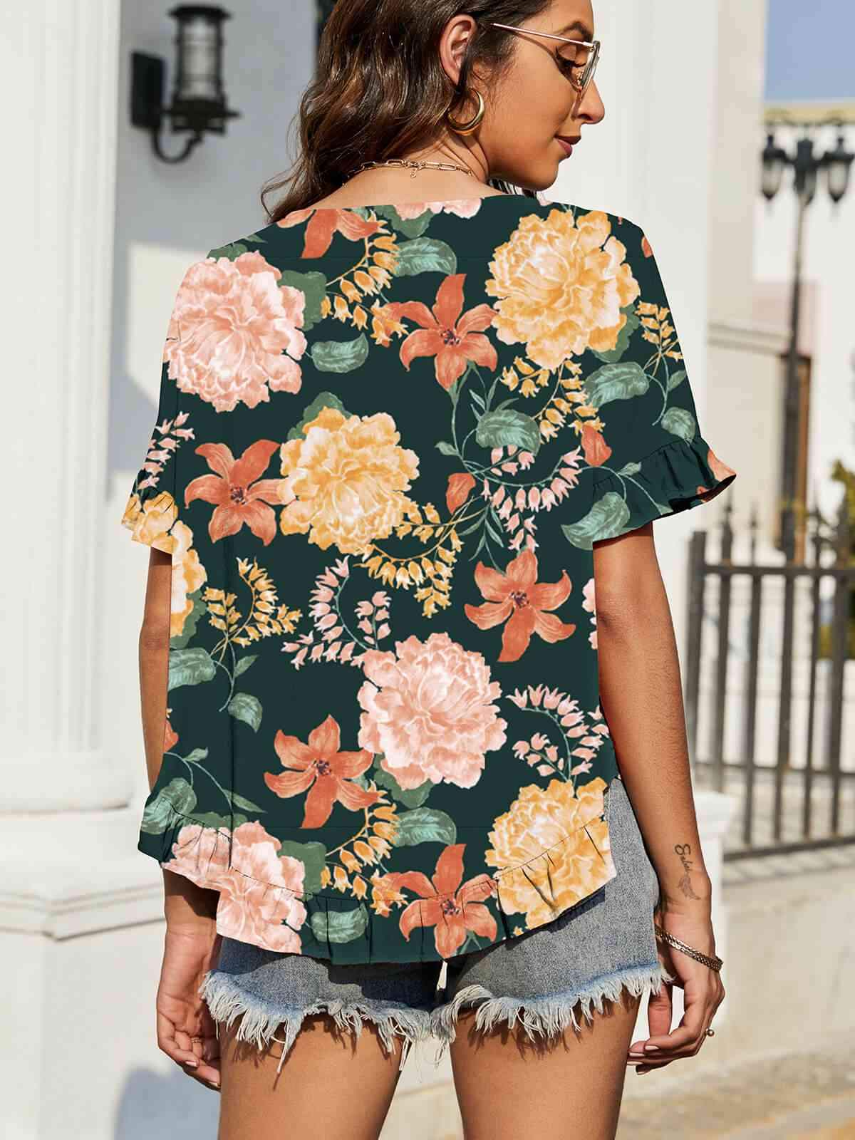 Floral Ruffled Flounce Sleeve Blouse Blouses - Tophatter Daily Deals