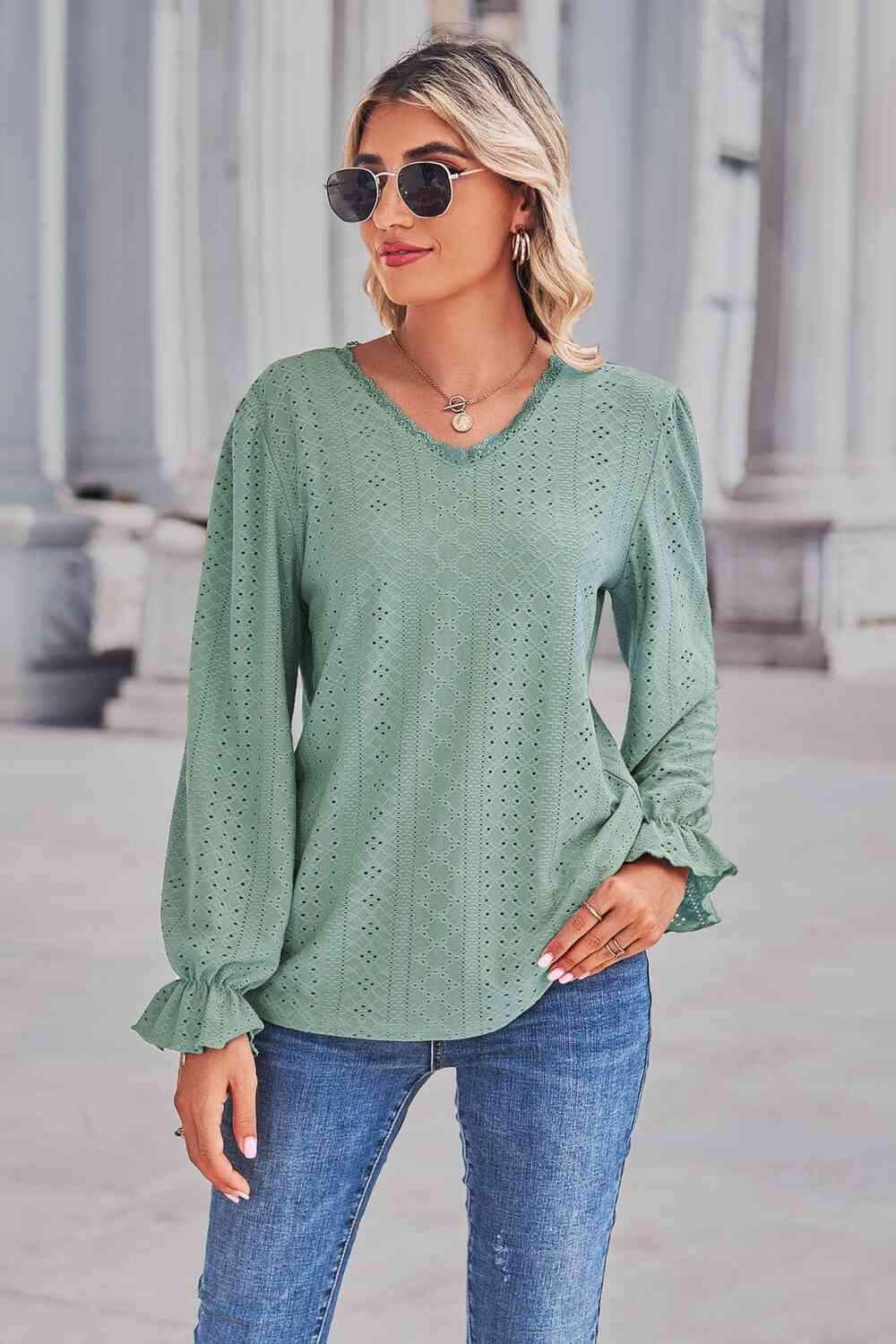 Lace Trim V-Neck Flounce Sleeve Top Blouses - Tophatter Daily Deals