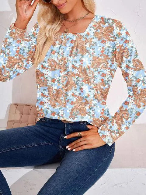 Full Size Square Neck Long Sleeve Blouse Blouses - Tophatter Daily Deals