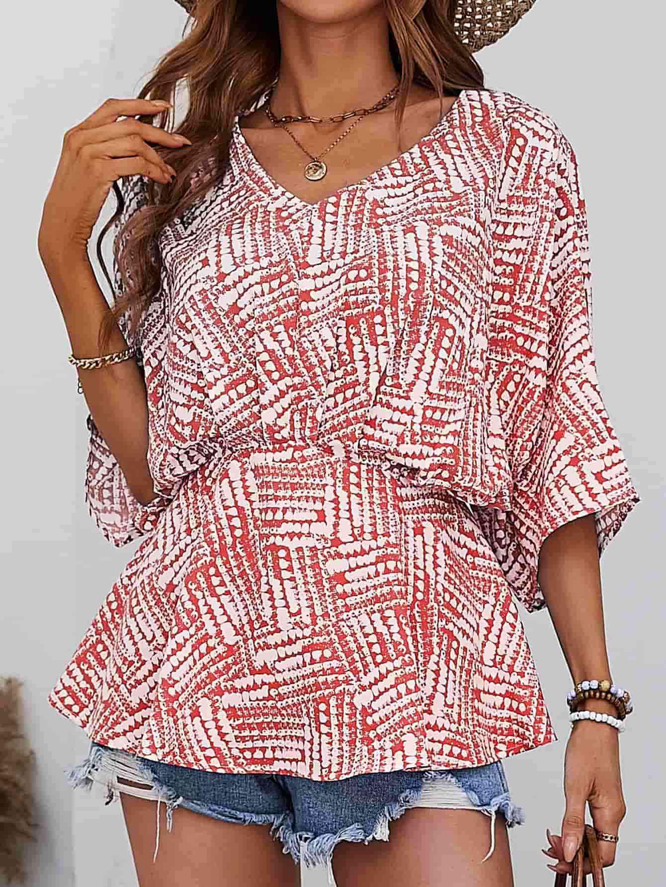 Printed V-Neck Dolman Sleeve Blouse Scarlett Blouses - Tophatter Daily Deals