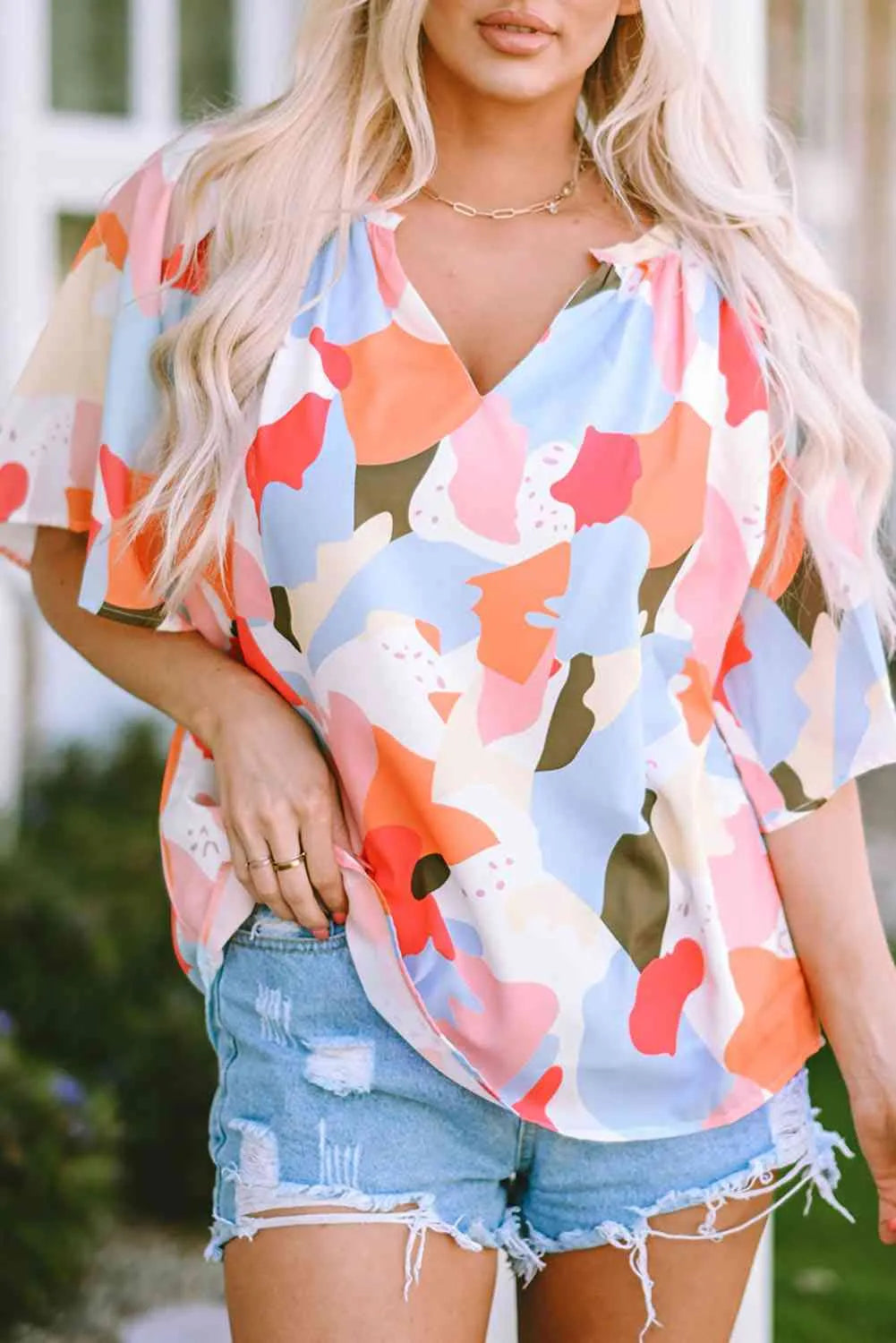 Printed Notched Neck Half Sleeve Blouse Blouses - Tophatter Daily Deals