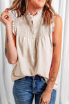 Buttoned Frill Trim Smocked Sleeveless Blouse Beige Blouses - Tophatter Daily Deals