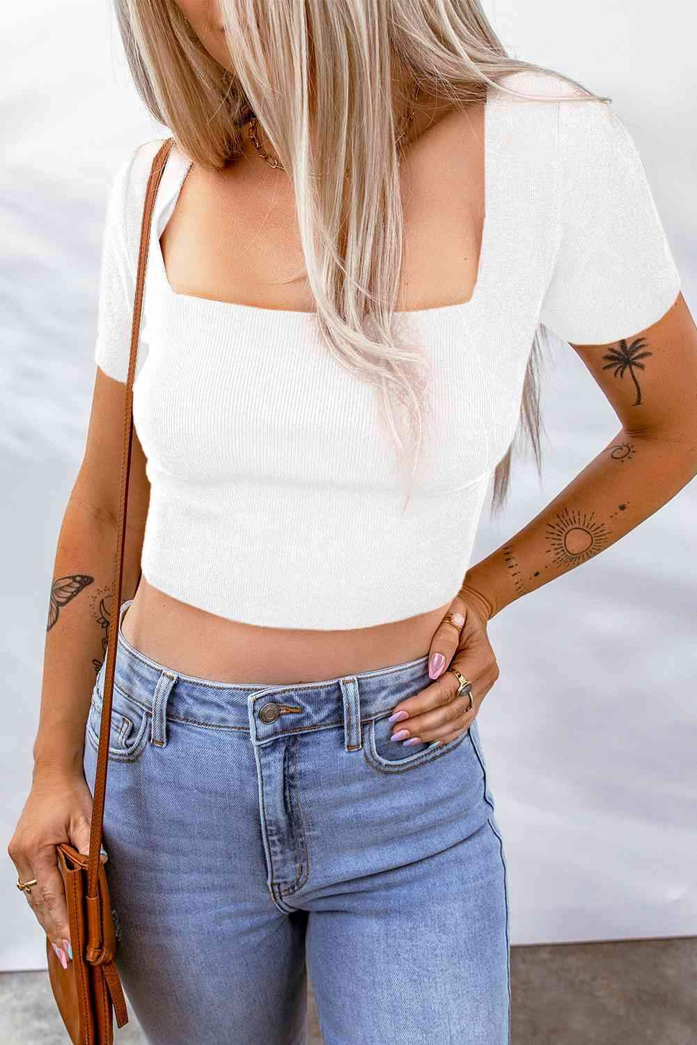 Lace-Up Square Neck Crop Top White Blouses - Tophatter Daily Deals