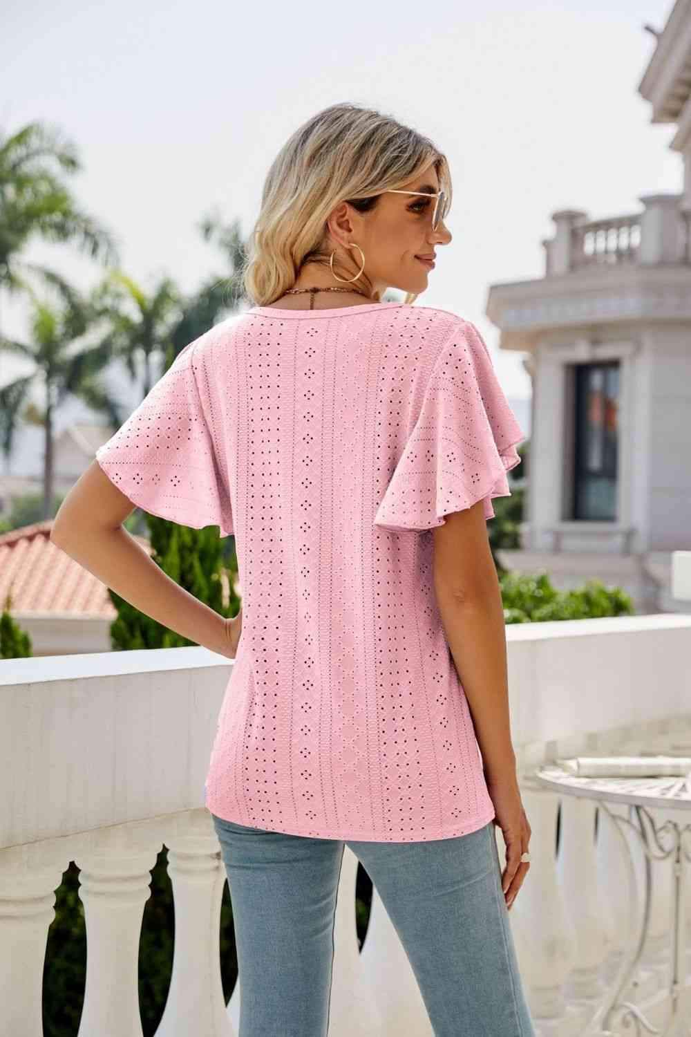 Eyelet Flutter Sleeve Round Neck Top Blouses - Tophatter Daily Deals