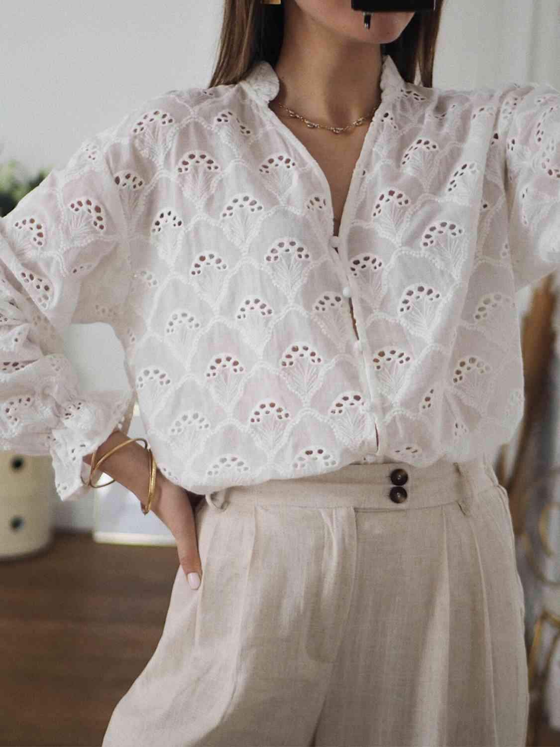 Eyelet Notched Neck Flounce Sleeve Blouse Blouses - Tophatter Daily Deals