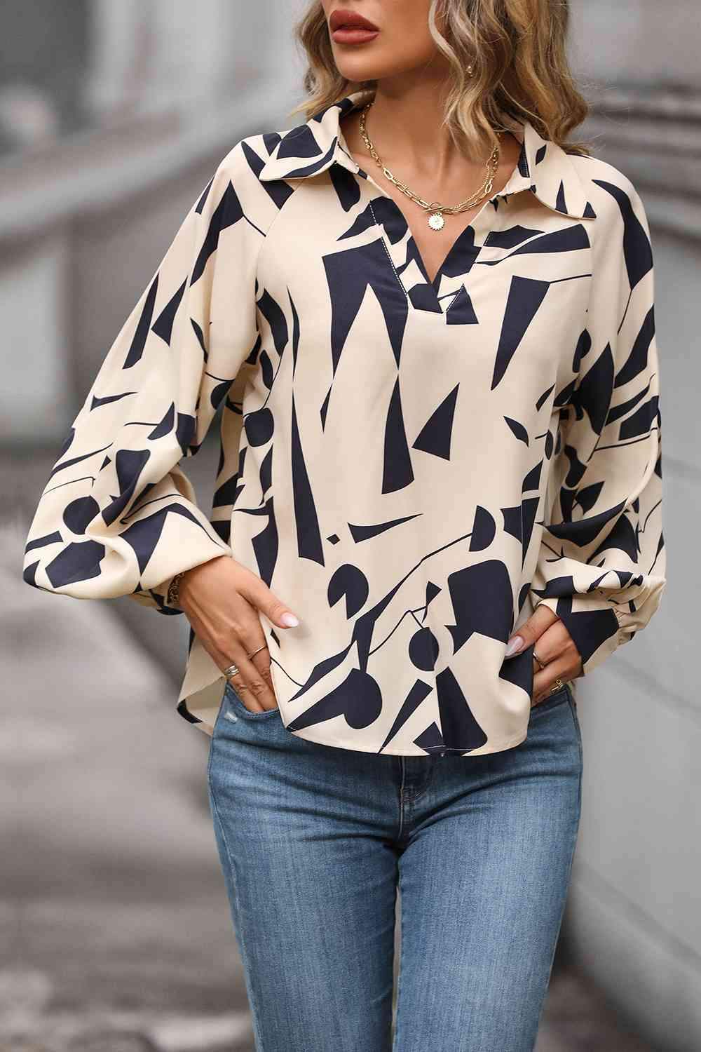 Printed Johnny Collar Blouse Blouses - Tophatter Daily Deals