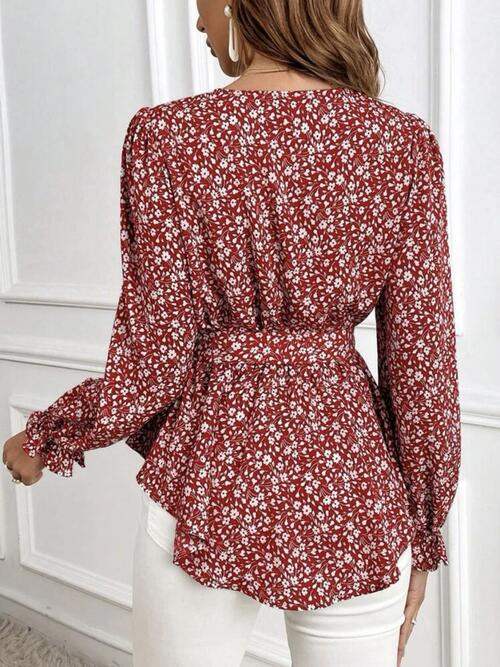 Printed V-Neck Tie Front Flounce Sleeve Blouse Blouses - Tophatter Daily Deals