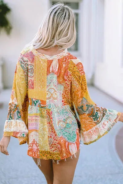 Double Take Printed Lace Trim Buttoned Blouse Blouses - Tophatter Daily Deals
