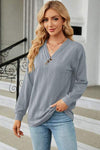 Decorative Button V-Neck Long Sleeve T-Shirt Misty Blue Women's T-Shirts - Tophatter Daily Deals