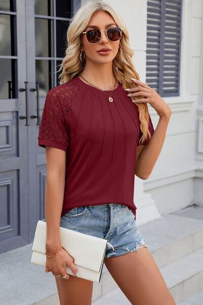 Openwork Round Neck Short Sleeve T-Shirt Women's T-Shirts - Tophatter Daily Deals