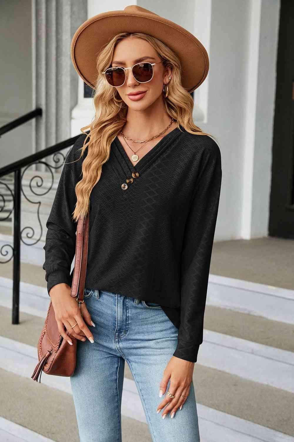 V-Neck Long Sleeve Blouse Black Blouses - Tophatter Daily Deals