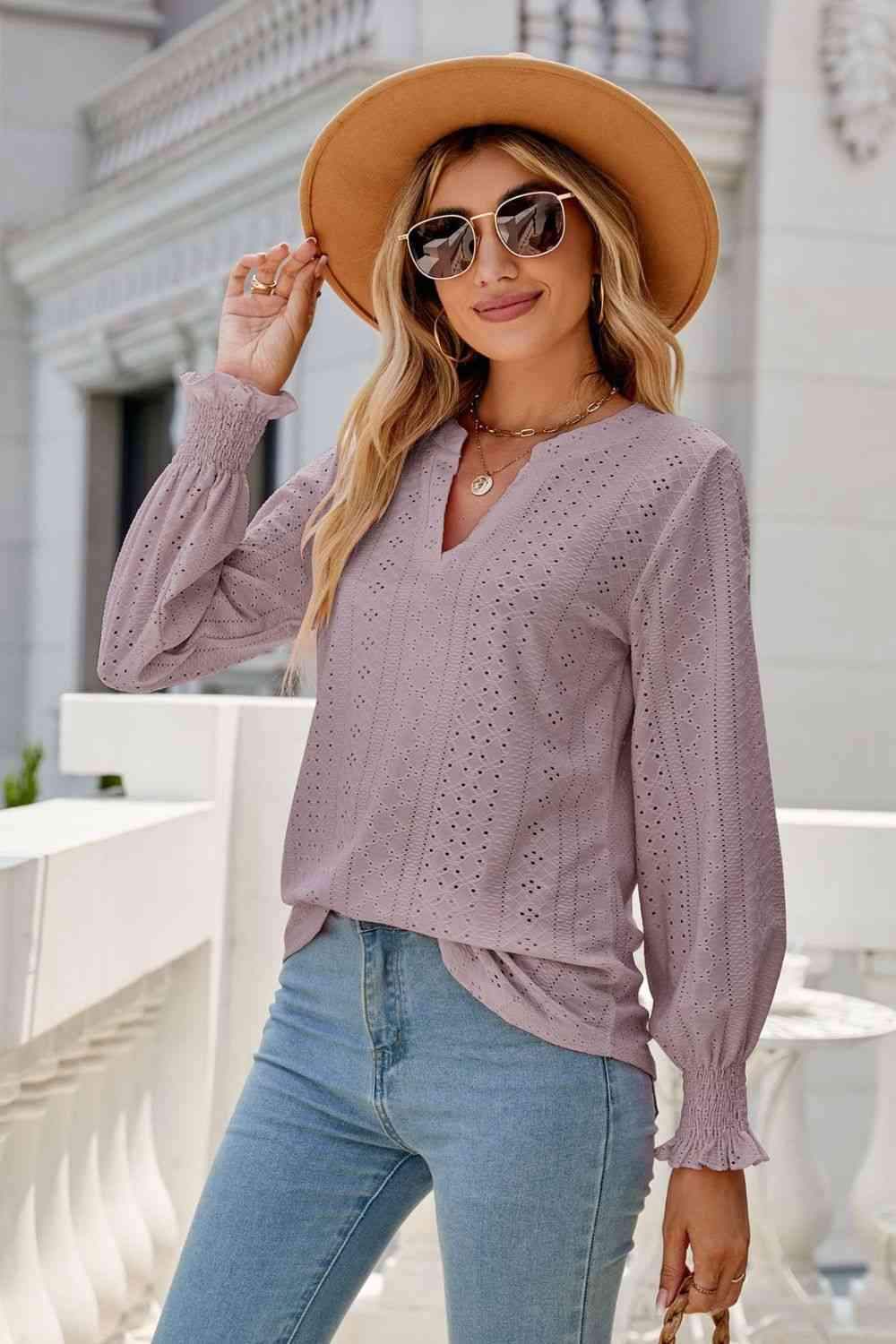 Notched Flounce Sleeve Eyelet Top Mauve Blouses - Tophatter Daily Deals