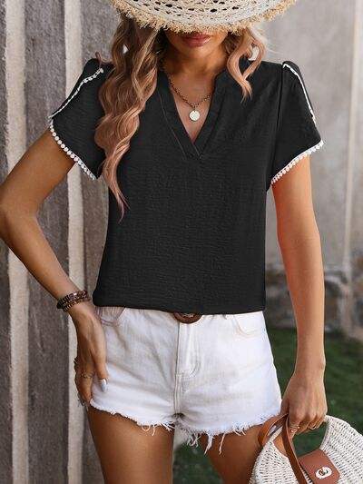 Contrast Trim Pom-Pom Detail Notched Neck Blouse Blouses - Tophatter Daily Deals