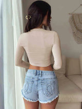 Cropped Round Neck Long Sleeve Top Women's T-Shirts - Tophatter Daily Deals
