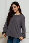 Waffle-Knit Exposed Seam Lantern Sleeve Blouse Charcoal Blouses - Tophatter Daily Deals